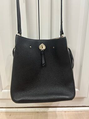 kate spade Black Pebbled Leather Bucket Shoulder Bag with Gold Accent, Ad